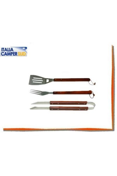 SET TRE PEZZI PER BARBEQUE CON MANICO IN LEGNO