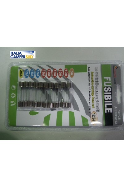 SET DI 10 FUSIBILI IN VETRO CON AMPERAGGI ASSORTITI 12/24V.